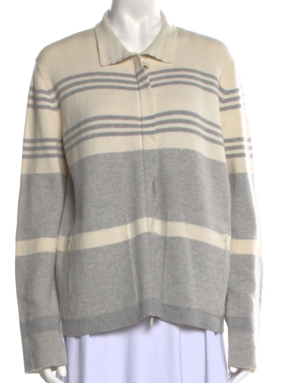Akris Women's Neutral Stripe Collared Sweater - Cream & Light Gray